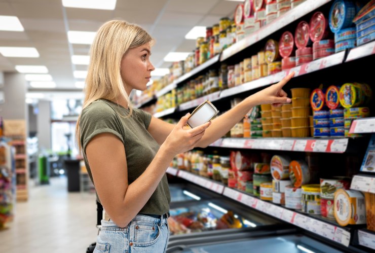 Una donna sceglie un prodotto al supermercato 